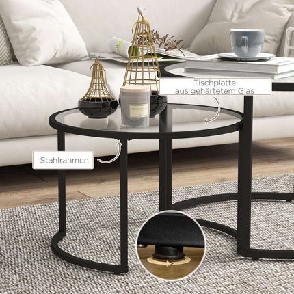 Coffee table set of 2 - Black steel frame, tempered glass