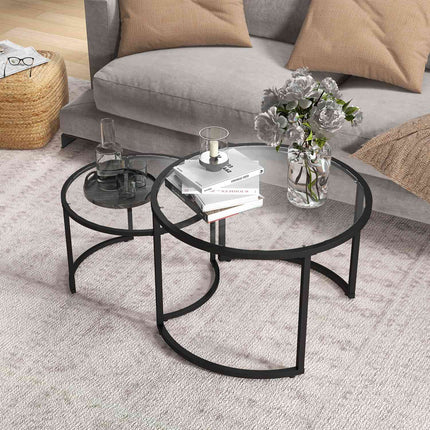 Coffee table set of 2 - Black steel frame, tempered glass