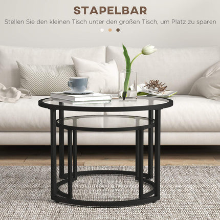 Coffee table set of 2 - Black steel frame, tempered glass