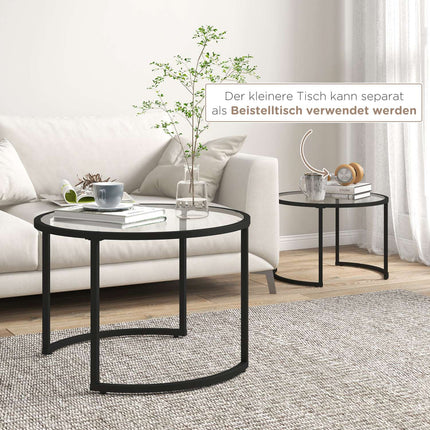Coffee table set of 2 - Black steel frame, tempered glass