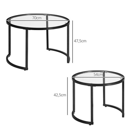 Coffee table set of 2 - Black steel frame, tempered glass