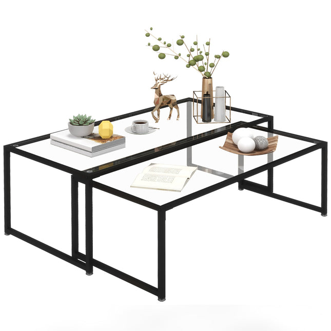 Nesting coffee table set of 2 with glass top - black steel