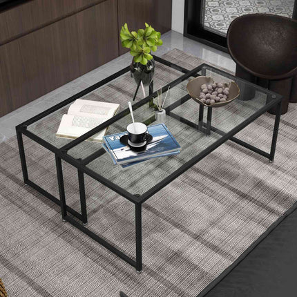 Nesting coffee table set of 2 with glass top - black steel