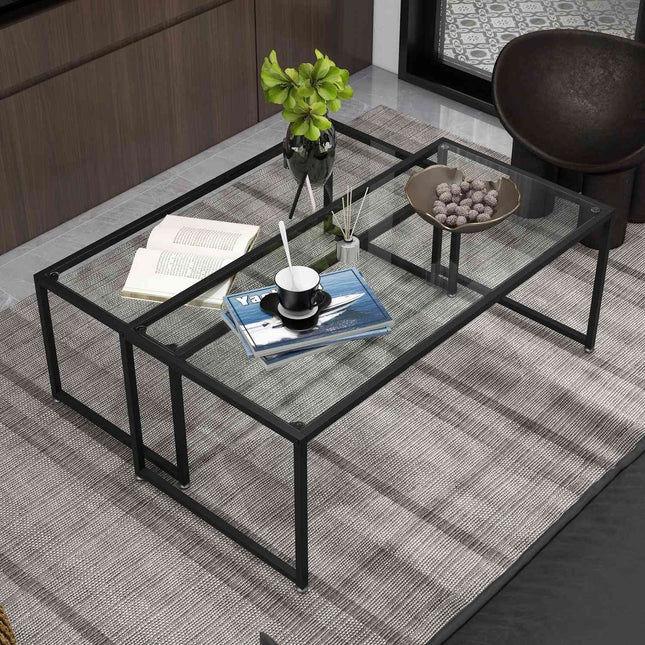 Nesting coffee table set of 2 with glass top - black steel