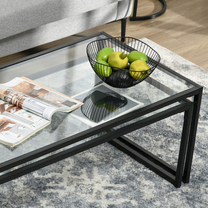 Nesting coffee table set of 2 with glass top - black steel