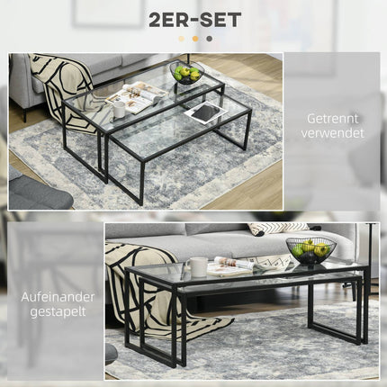 Nesting coffee table set of 2 with glass top - black steel