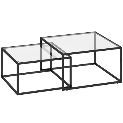 Coffee Table Set of 2, Nesting, Tempered Glass, Black