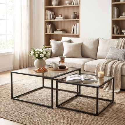 Coffee Table Set of 2, Nesting, Tempered Glass, Black