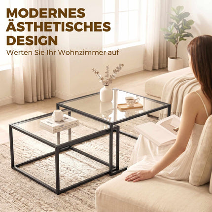 Coffee Table Set of 2, Nesting, Tempered Glass, Black