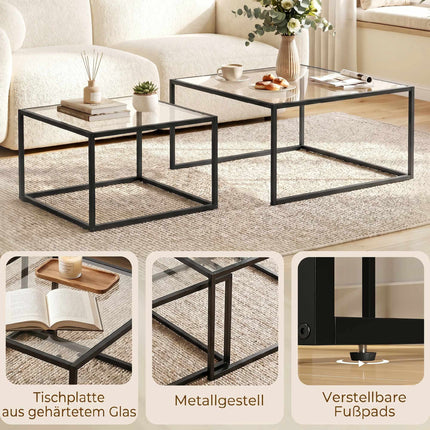 Coffee Table Set of 2, Nesting, Tempered Glass, Black