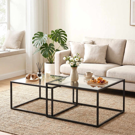 Coffee Table Set of 2, Nesting, Tempered Glass, Black
