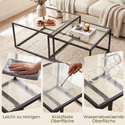 Coffee Table Set of 2, Nesting, Tempered Glass, Black