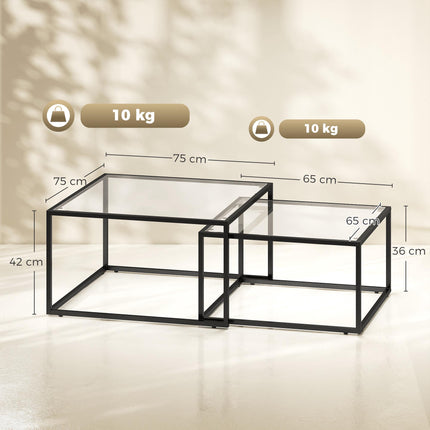 Coffee Table Set of 2, Nesting, Tempered Glass, Black