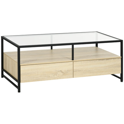 Coffee table with drawer & glass top – Oak & Steel