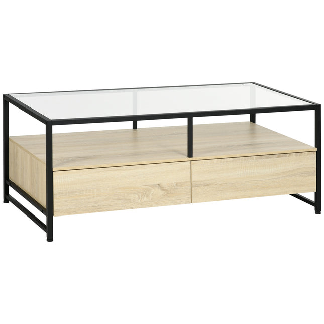 Coffee table with drawer & glass top – Oak & Steel