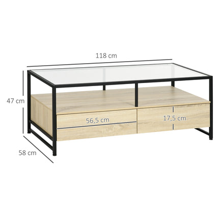 Coffee table with drawer & glass top – Oak & Steel
