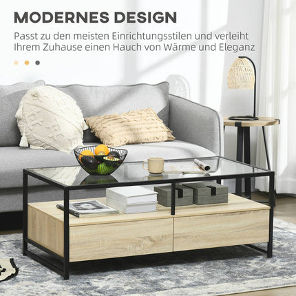 Coffee table with drawer & glass top – Oak & Steel