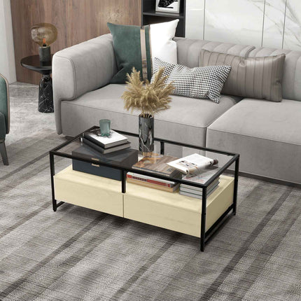 Coffee table with drawer & glass top – Oak & Steel