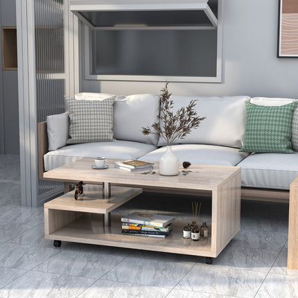 Coffee Table With 2 Shelves, Locking Casters, 105x60cm