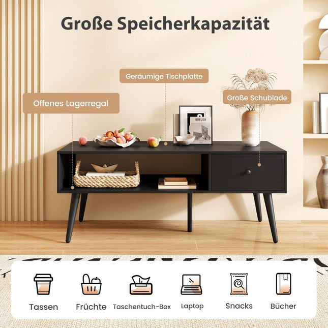 Coffee Table with Drawer and Open Shelf, 109 x 55 x 39.5 cm, Black