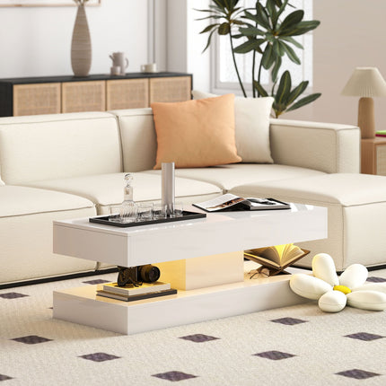 Coffee Table with Drawers and LED Lights, White MDF