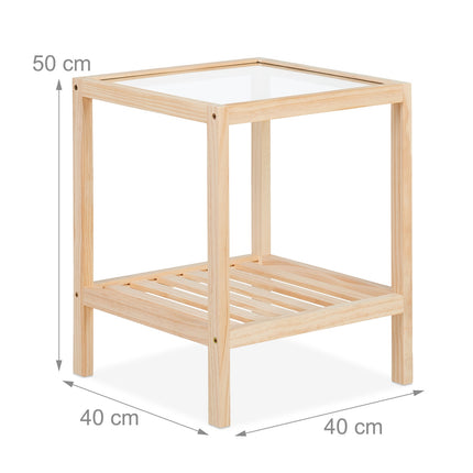 Coffee Table with Glass Top – Pine Wood, 2 Shelves