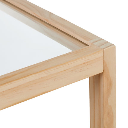 Coffee Table with Glass Top – Pine Wood, 2 Shelves