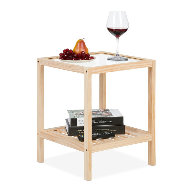 Coffee Table with Glass Top – Pine Wood, 2 Shelves