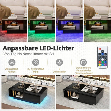 Coffee Table with LED Lights, Remote, Storage, Black, 95x55x31 cm