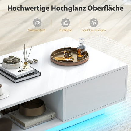 Coffee Table with LED Lights and Remote, 95 x 55 x 31 cm, White
