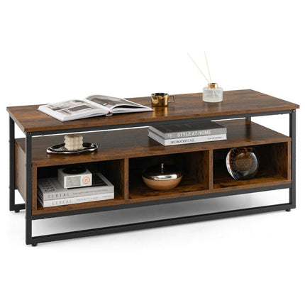 Coffee Table with Storage Industrial Table with Open Shelves 110 x 42.5 x 45 cm Rustic Brown