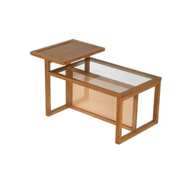 Coffee Table with Tempered Glass Top & Rattan Shelves