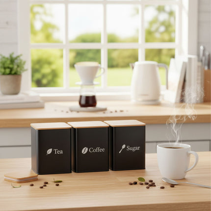 Coffee, Tea, Sugar Storage Jars – 3-Piece Metal Set