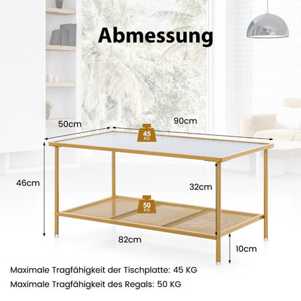 Coffee table glass glass table with 2 levels living room table with mesh shelf Golden 90 x 50 x 46 cm