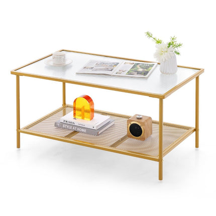 Coffee table glass glass table with 2 levels living room table with mesh shelf Golden 90 x 50 x 46 cm
