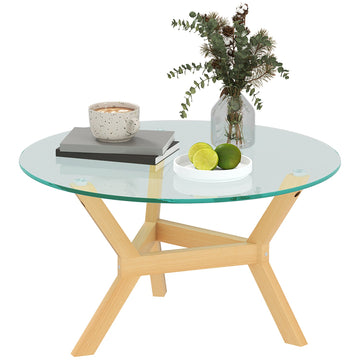 Round coffee table in tempered glass, adjustable foot pads