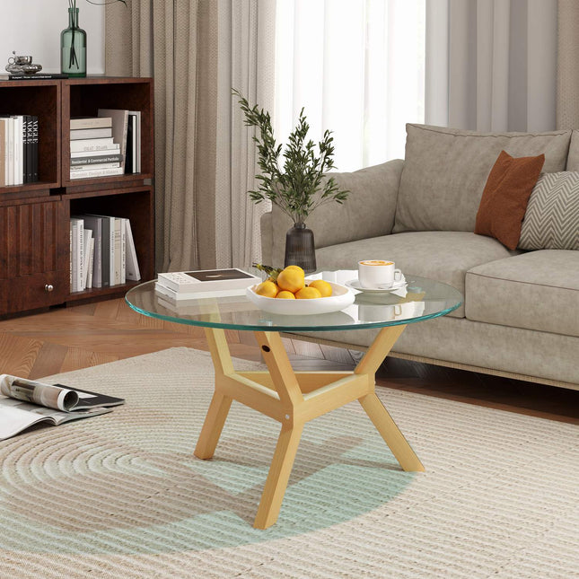 Round coffee table in tempered glass, adjustable foot pads