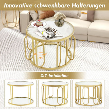 Coffee table round living room table with 2 glass tops & rotating metal frame transformable total load capacity of 30 kg