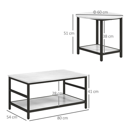Modern coffee table in marble look with 2 pcs., steel frame