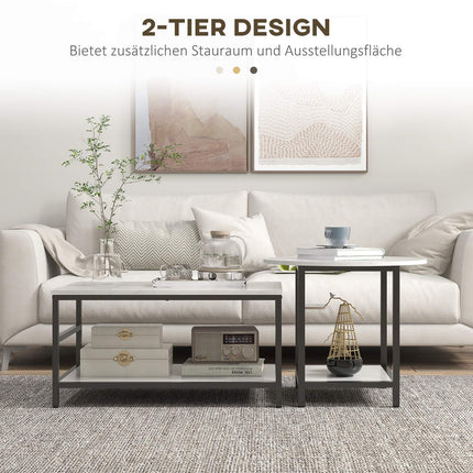 Modern coffee table in marble look with 2 pcs., steel frame