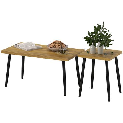 Salontafelset van 2 bijzettafels met stalen frame, woonkamertafel, salontafel voor woonkamer, slaapkamer, naturel Aosom