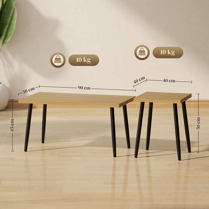 Salontafelset van 2 bijzettafels met stalen frame, woonkamertafel, salontafel voor woonkamer, slaapkamer, naturel Aosom