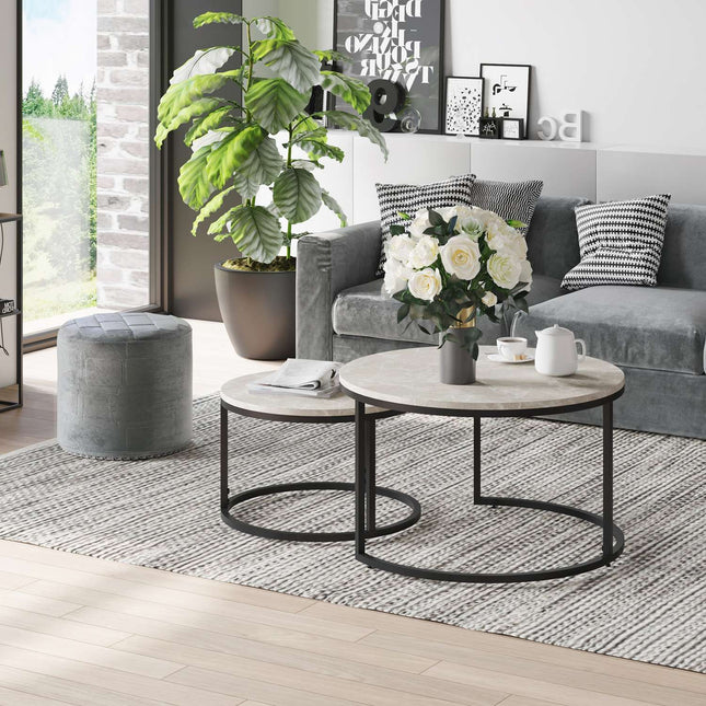 Stackable gray coffee table set, metal frame, for living room