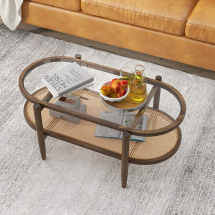 Coffee table side table with glass table top & rattan shelf 102 x 56 x 47 cm brown