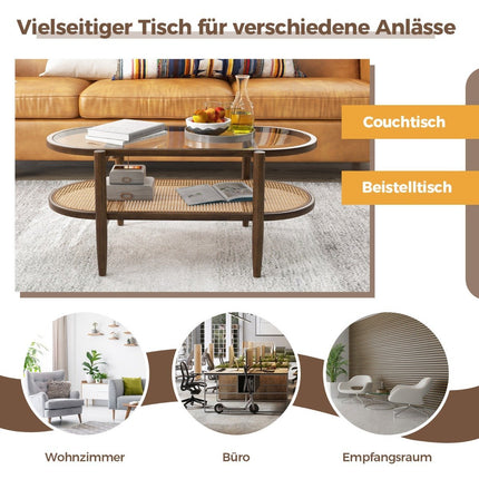 Coffee table side table with glass table top & rattan shelf 102 x 56 x 47 cm brown
