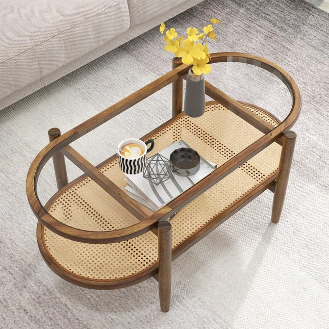 Coffee table side table with glass table top & rattan shelf 102 x 56 x 47 cm brown