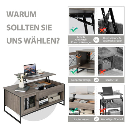 Coffee table with lifting plate, center table with pneumatic lifting device 106 x 55 x 44.5 cm grey