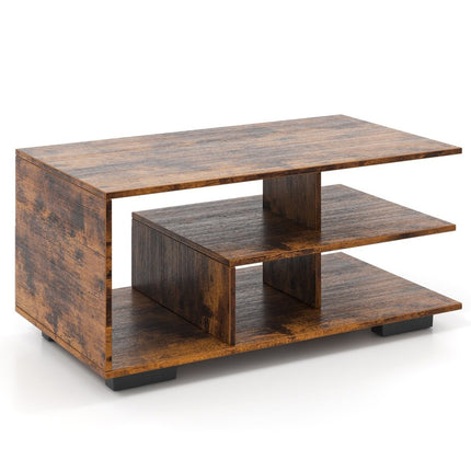 Coffee table with storage &amp; L-shaped center shelf rectangular living room table accent table brown
