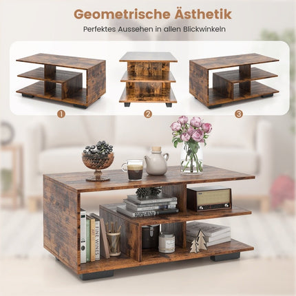 Coffee table with storage &amp; L-shaped center shelf rectangular living room table accent table brown