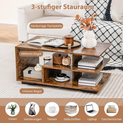 Coffee table with storage &amp; L-shaped center shelf rectangular living room table accent table brown